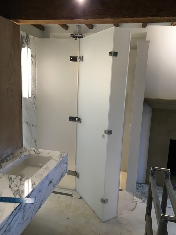Bespoke frosted glass shower enclosure in Isleworth luxury bathroom